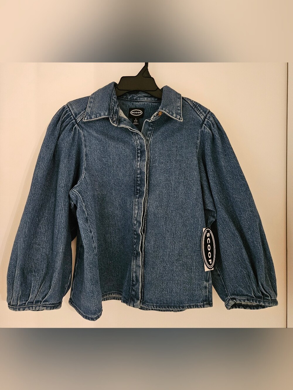 NWT Scoop Women's Denim 3/4 Puff Sleeve Shirt Medium Wash Blue Small 4-6